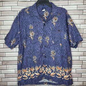Vintage No Fear Men's Large‎ Hawaiian Shirt 90s Retro Button Up Blue Floral Top